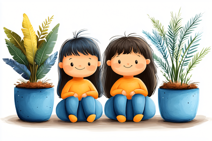 Cute Cartoon Twins with Plants Illustration
