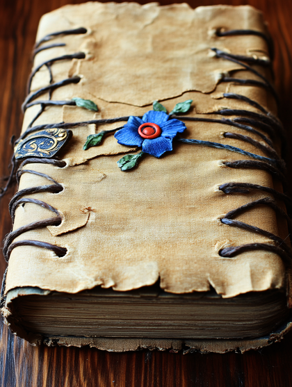 Antique Book With Leather Cover And Blue Flower