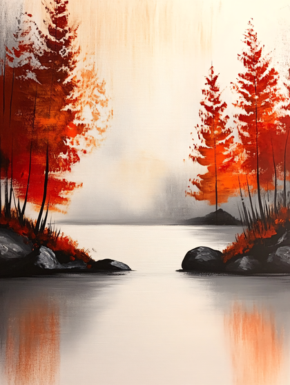 Serene Autumn Lake Landscape Painting with Orange Trees