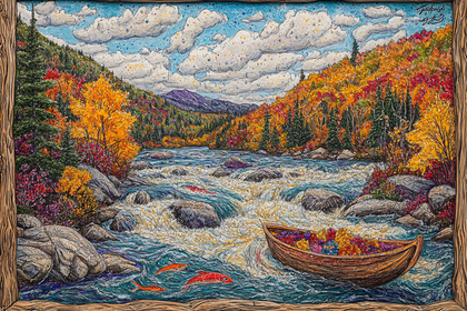 Vibrant Autumn River Landscape Painting with Koi Fish Boat