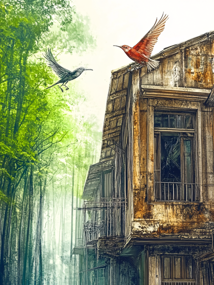 Birds Perched on an Old Building Amidst Forest