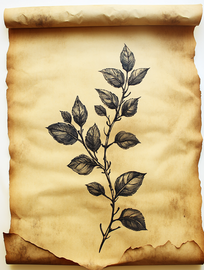 Botanical Branch Sketch on Parchment Scroll