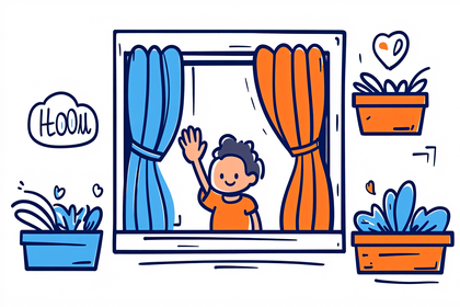 Happy Boy Waving from Window with Plants Illustration