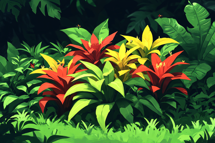 Vibrant Bromeliad Plants in Lush Green Jungle