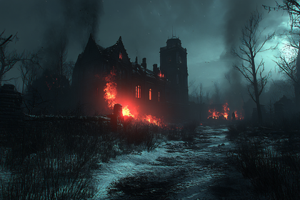 Free Download Dark Gothic Mansion Engulfed in Flames at Night in Snowy