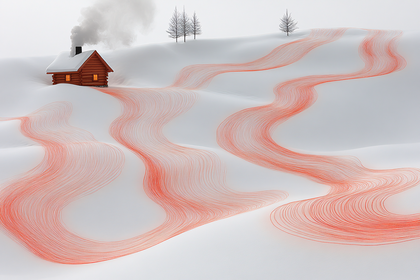 Cabin in Snowy Landscape with Orange Trails