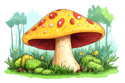 Cartoon Mushroom with Red Spots in a Forest Setting