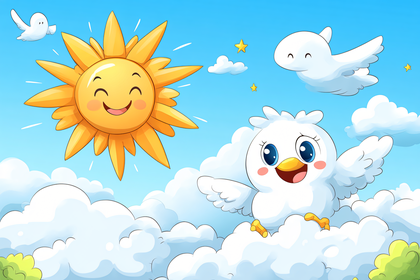 Cheerful Bird on Cloud with Smiling Sun