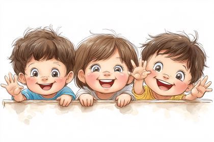 Cheerful Children Waving from Behind Wall
