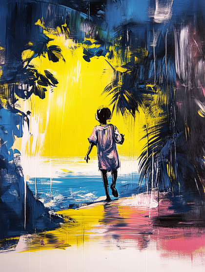 Impressionistic Painting of Child Walking to the Beach at Sunset
