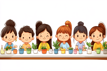 Cute Children Planting Potted Plants Vector Illustration