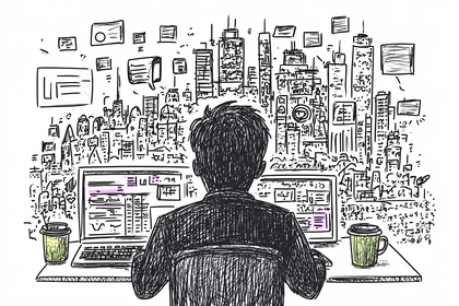 Busy Office Worker Overlooking Cityscape