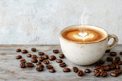 Steaming Coffee Cup with Heart Latte Art on Wooden Table