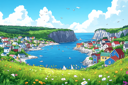 Colorful Coastal Village Scene