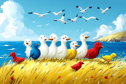 Colorful Ducks On Coastal Meadow