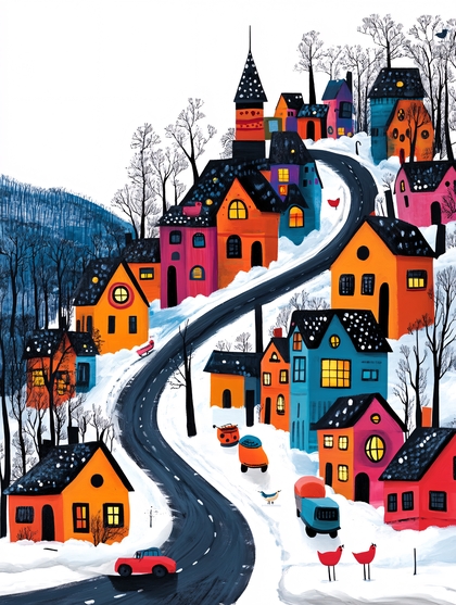 Cheerful Winter Village Illustration with Colorful Houses and Snowy Landscape