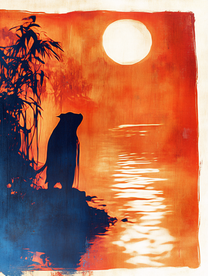 Contemplative Cat Under Moonlight