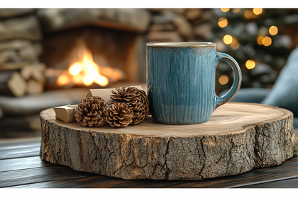 Cozy Christmas Scene with Mug and Fireplace