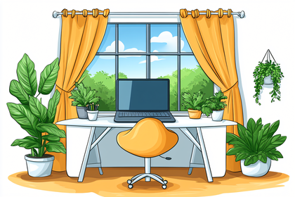 Bright and Airy Home Office with Laptop and Plants