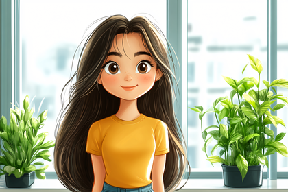 Adorable Girl with Lush Plants at Window