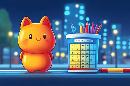 Cute Orange Cat with Calendar and Pencils at Night