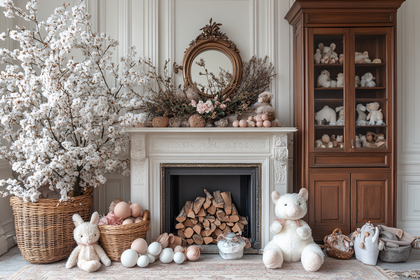 Easter-themed fireplace with decor and toys