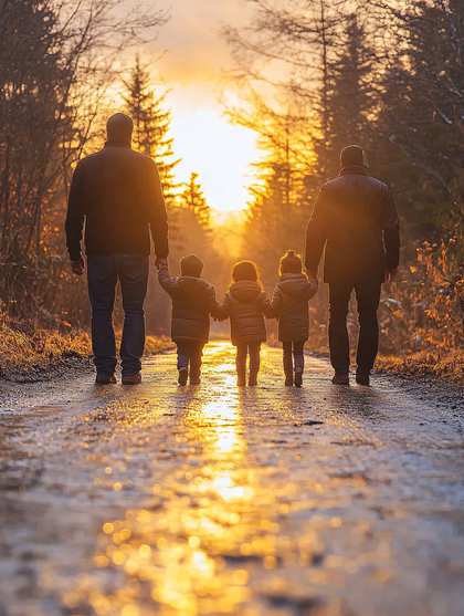 Family Walking Towards Sunset