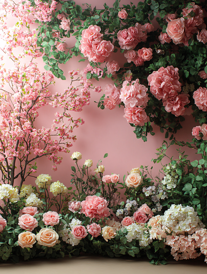 Floral Arrangement With Pink Roses And Cherry Blossoms