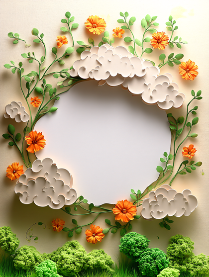 Floral Frame with Flowers, Clouds, and Greenery