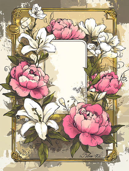 Floral Frame with Peonies and Lilies