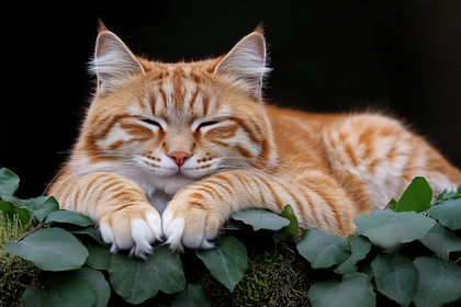 Close-up Of A Sleeping Ginger Cat On Ivy Leaves