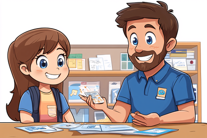 Cartoon Girl Mailing Package with Post Office Worker