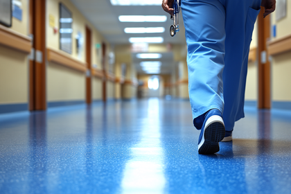 Healthcare Worker Walking Down Hospital Hallway