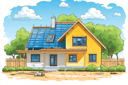 House Construction with Blue Roof, Cartoon Style