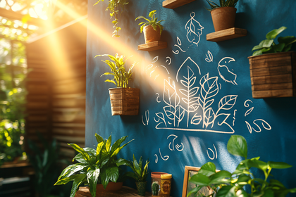Indoor Garden Wall with Chalk Art and Potted Plants