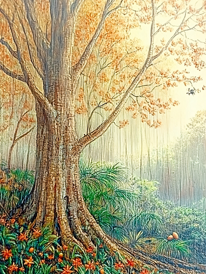 Majestic Tree In Rainy Forest