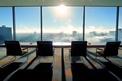 Modern Office Meeting Room with Cityscape View at Sunrise