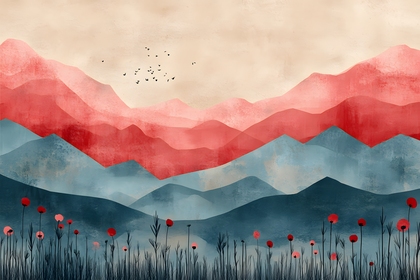 Minimalist Mountain Landscape with Poppies