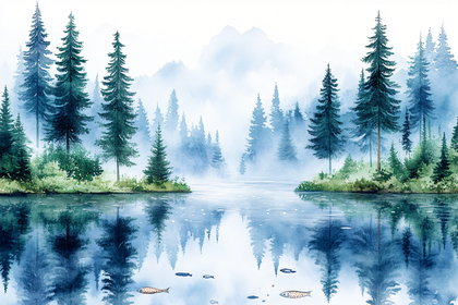 Misty Forest Lake Landscape Watercolor Painting