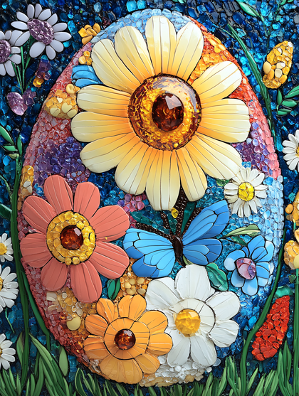 Mosaic Easter Egg with Flowers and Butterflies