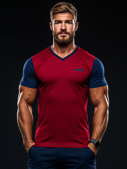 Muscular Man Portrait in Red and Blue Color Block T-shirt