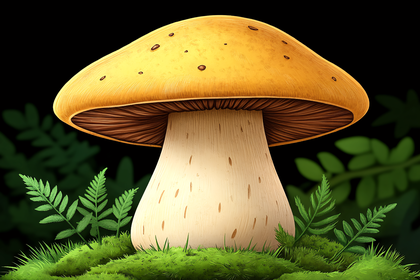 Yellow Mushroom Illustration with Green Moss and Ferns