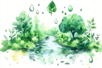 Watercolor Green Nature Landscape with River and Raindrops