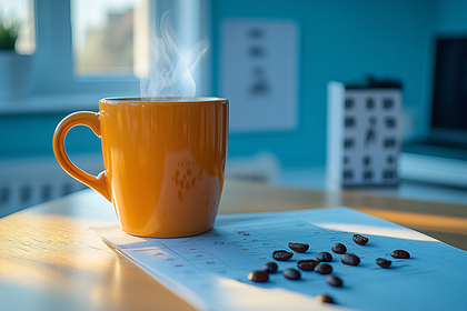 Orange Mug with Steaming Coffee and Coffee Beans
