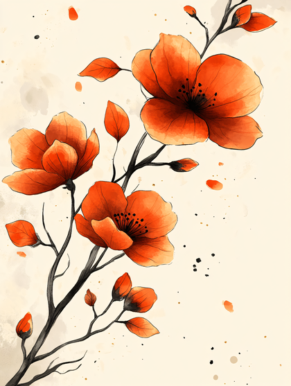 Orange Watercolor Flowers Branch
