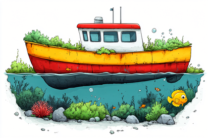 Cartoon Boat Underwater with Plants and Fishes