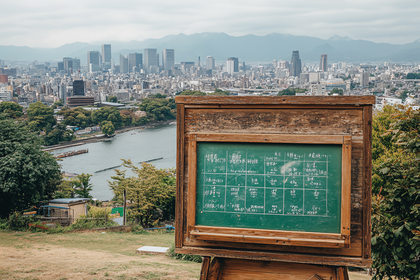 Cityscape View from Wooden Signboard Overlooking River