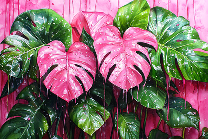 Pink And Green Monstera Leaves Painting