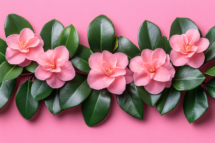 Pink Camellias and Green Leaves