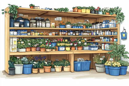 Cozy Plant Shop Display with Shelves and Potted Plants